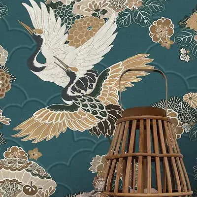 £14.99 • Buy Akari Kyoto Cranes Rasch Wallpaper Teal 282770 Japanese Birds Floral Textured