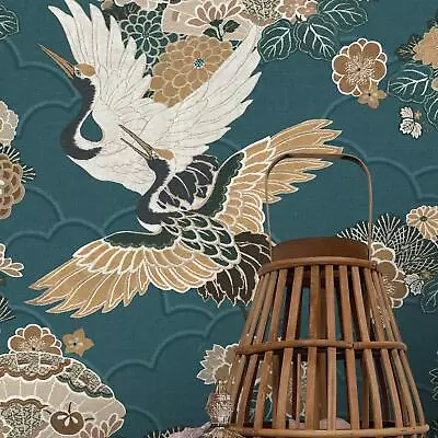 £14.99 • Buy Akari Kyoto Cranes Rasch Wallpaper Teal 282770 Japanese Birds Floral Textured