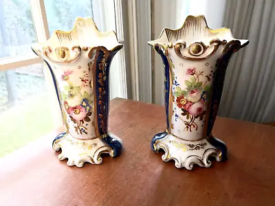 Pair 19C French Old Paris Porcelain Hand Painted Blue And Gold Floral Vases • $299