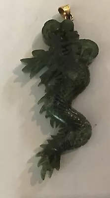 Jade Dragon Monster Pendant Carved Green Gemstone 2-1/4” • $18