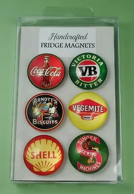 Vintage Adverts Handcrafted Glass Cabochon Fridge Magnets -Set Of 6 • $12.95