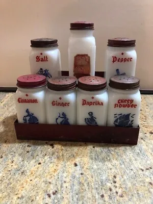 Vintage Milk Glass Set Spice Jars Red Metal Rack • $25