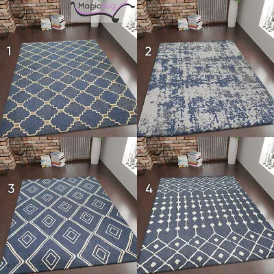 Blue Cotton Rug Navy Large Small Woven Carpet Rug Runner Modern Flatweave Mat • £58.99