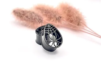 Black Spider Teardrop Ear Gauges Double Flares Flesh Tunnels Saddle Plug-PAIR • $12.99