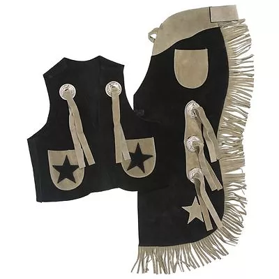 Tough 1 Youth Size Black Leather Chap And Vest W/Stars Set Size Medium 4-6 63-36 • $39