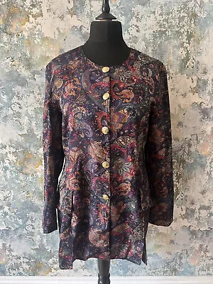 UK 16 Vintage Shelby Satin Jacket Tapestry Style Multicolour Pattern Longline • £12.99