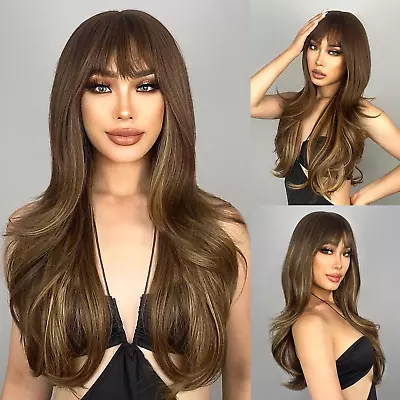 Brown Wigs With Bangs Long Layered Wigs For Women Brown Mixed  • $36.61