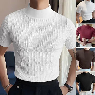 Fashion Mens Short Sleeve High Neck Solid Top Shirt Skinny Slim Fitted T-shirt • $12.44