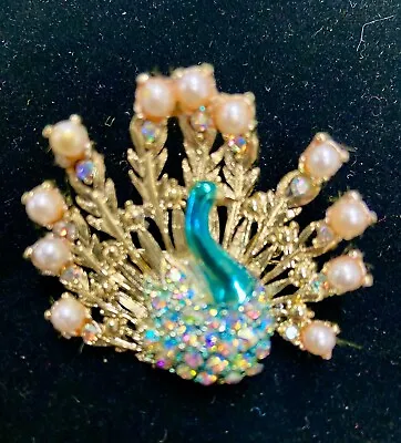 Vintage Peacock Brooch Pin Pearls Aurora Borealis Rhinestones 50's Precious • $18