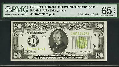 $20 Series 1934 Federal Reserve Note Light Green Seal Minneapolis District 65PPQ • $5