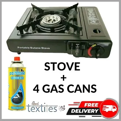 Portable Camping Gas Stove Single Burner Cooker Outdoor Case With 4 Butane Cans • £19.95