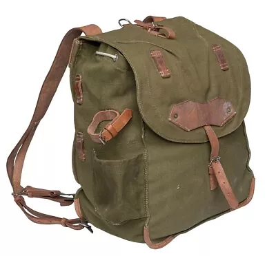 Romanian Military Bread Bag Backpack Retro Pack Canvas Leather Rucksack 1970s • $64.99