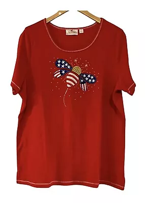 Quacker Factory Shirt Red Patriotic Bumble Bee Rhinestone Embroidery T Shirt 1X • $20