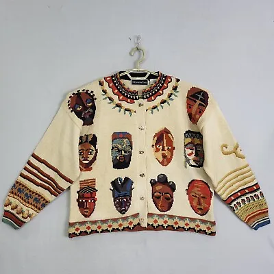 Vintage Christine Foley Sweater Cardigan  2 Long Sleeve Tribal Faces Button Up • $48.87