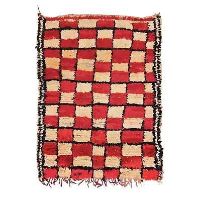 Moroccan Handmade Vintage Rug 3'6x4'7 Berber Ckeckered Red & Cream Wool Carpet • $226.80