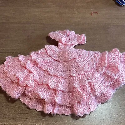 Vintage Hand Crochet Doll Dress Pink Southern Belle Gown Frilly Bottom Snap Back • $9.89