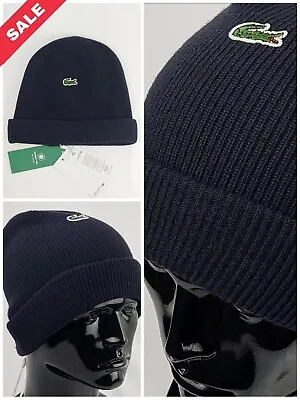 Lacoste Navy Blue Marine Ribbed Beanie Pure Laine Wool Unisex One Size Rrp £52 • £42