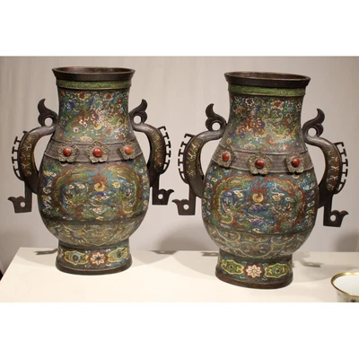 £2820.42 • Buy Antique 19th Japanese Meiji Bronze Pair Of Cloisonné Vases Dragons Signed
