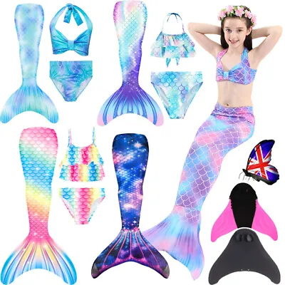 Kids Girls Mermaid Tail Swimming Costume Swimmable Bikini Set Swimsuits Monofin • £15.82
