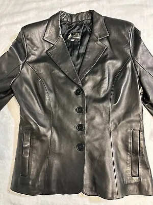 Vera Pelle Vintage Womens Jacket Black Leather Buttons Pockets Lined Italian 46 • $24.99