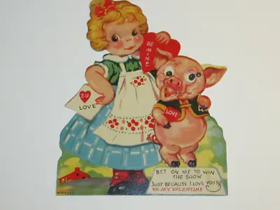 Vintage 1930's USA Mechanical Valentine Card - Little Girl With Pig / Bet On Me • $3.99