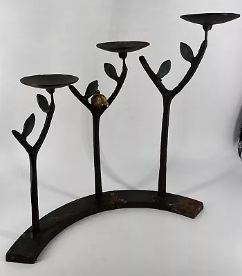 Vintage Brutalist Cast Iron Candelabra Candle Holder Trees Gold Bird Rustic • $69