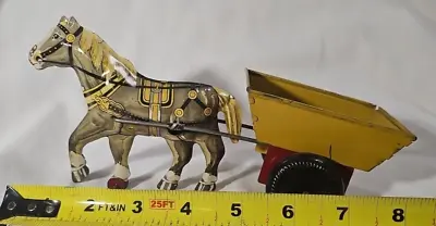 Vintage  1940s Linemar/Marx Tin Toy Horse Pulling Cart. Rolls. Good Condition  • $79.18