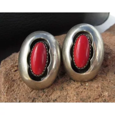 Vintage Native Southwestern Sterling Silver Coral Shadowbox Earrings • $64