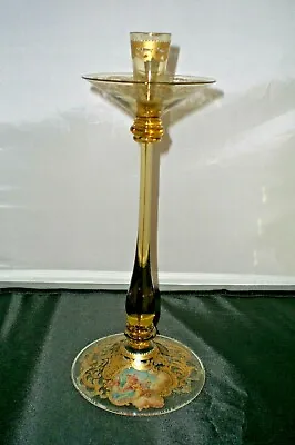 Antique Venetian Enamel Blown Glass Candle Holder / Candlestick / 13  Tall • $180