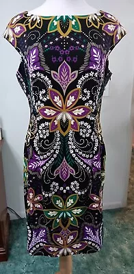 MAGGY L 12 Dress Bohemian Artsy Print Stretch Maggy London MINT • $24.95