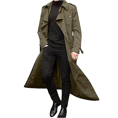 Men's Trench Coats Double Breasted Casual Windbreaker Lapel Long Jacket Overcoat • $40.22