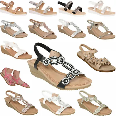 Womens Ladies Sandals Sling Back Gladiator Mid Low Wedge Summer Beach Shoes Size • £12.99