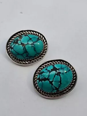 Vintage Navajo Sterling Silver Turquoise Earrings NON Pierced Hand Signed AOZR • £20.06