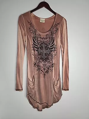 Vocal Womens Small Tunic Dress Cross Rhinestones Long Sleeve With Pockets • $25