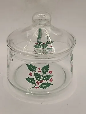 Vintage Indiana Glass Apothecary Holly Berry Christmas Candy Jar W/ Lid Canister • $15