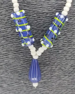 Vintage Estate Venetian Murano Glass Bead Necklace ~ Cobalt Blue And White • $65