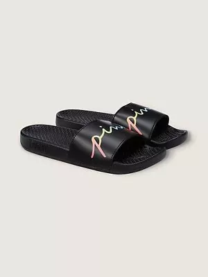 Victorias Secret Pink Logo Black Slides Sandals Beach Shower Shoes  Xl Nwt • $39.29