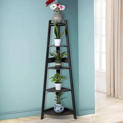 Levede 5 Tier Corner Shelf Wooden Storage Home Display Rack Plant Stand Black • $104.21