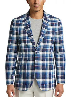 Nautica Mens Modern Fit Linen & Cotton Madras Sport Coat 40 Short Blue/White • $75