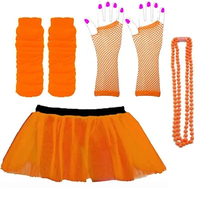 ORANGE NEON COSTUME PIECES TUTU LEG WARMERS GLOVES BEADS 80s FANCY DRESS PARTY  • £4.99