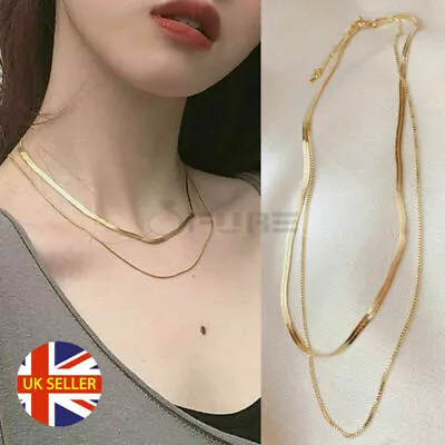 £4.99 • Buy Minimalist Gold Tone Flat Blade Snake Chain Double Layer Necklace Women Jewelry