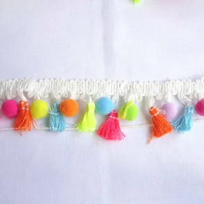 £3.49 • Buy Multi Coloured Pom Pom AndTassels Trim - - Approx 50mm Wide- Sold By Metre