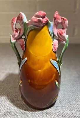  French Majolica Barbotine Vase Numbered 6335 Brown - Pink Green Flowers Vintage • $64.95