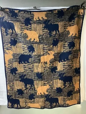 Wildlife Blanket Throw  Big Cedar  Moose/Bear Cabin/Camping  ≈ 50 X60  Navy/Gold • $13