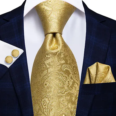 Royal Gold Paisley Men's Silk Tie Necktie Pocket Square Cufflinks Set Formal HT • £10.99