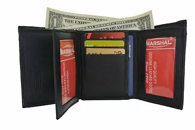 New Mens Black Genuine Leather Trifold Wallet ID Window Credit Card Case Holder • $10.99