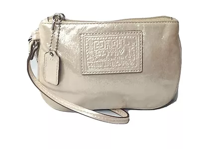 Coach Poppy Metallic Gold Wristlet Fabric & Leather Clutch ~Charm~ Logo • $25.49