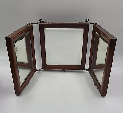 Antique Tri-Fold Beveled Mirror  Wood Frame Leather Backing Wall Or Vanity Top • $115