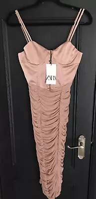 ZARA DRAPED TULLE CORSETRY-INSPIRED DRESS BEIGE PINK S 0387/169 Rrp £79 • £35