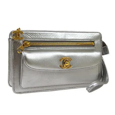 CHANEL CC Logos Clutch Hand Bag Purse Silver Leather Vintage 03746 • $2780